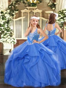 Most Popular Blue Tulle Lace Up V-neck Sleeveless Floor Length Glitz Pageant Dress Beading and Ruffles