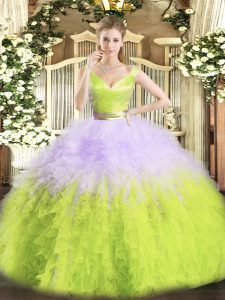 Ball Gowns Sweet 16 Dresses Multi-color V-neck Organza Sleeveless Floor Length Zipper