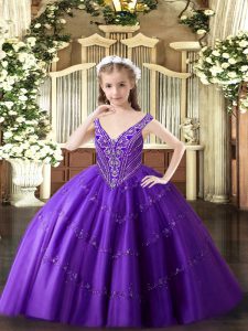 Floor Length Purple Child Pageant Dress V-neck Sleeveless Lace Up