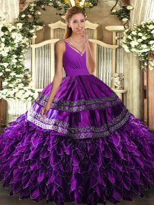 V-neck Sleeveless Quinceanera Dress Floor Length Beading and Appliques and Ruffles Eggplant Purple Organza