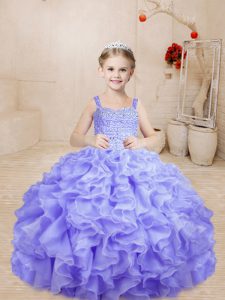 Sleeveless Organza Floor Length Lace Up Child Pageant Dress in Lavender with Beading and Ruffles
