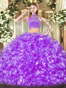 Tulle High-neck Sleeveless Backless Beading and Ruffles 15 Quinceanera Dress in Lavender