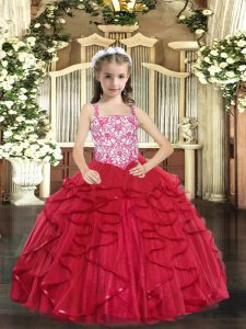 Coral Red Pageant Gowns For Girls Party and Sweet 16 and Quinceanera and Wedding Party with Beading and Ruffles Straps Sleeveless Lace Up