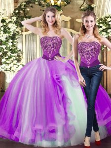 Inexpensive Strapless Sleeveless Tulle Quinceanera Dresses Beading and Ruffles Lace Up