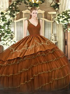 Cute Brown Ball Gowns Satin and Tulle V-neck Sleeveless Beading and Embroidery and Ruffled Layers Floor Length Zipper Quinceanera Gowns