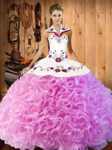 Excellent Halter Top Sleeveless Lace Up Vestidos de Quinceanera Rose Pink Fabric With Rolling Flowers