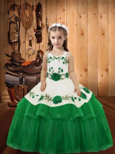 Dramatic Floor Length Green Little Girls Pageant Dress Organza Sleeveless Embroidery and Ruffled Layers