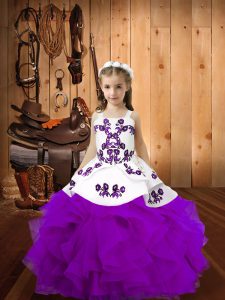Sleeveless Organza Floor Length Lace Up Little Girls Pageant Gowns in Eggplant Purple with Embroidery and Ruffles