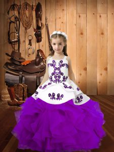 Sleeveless Organza Floor Length Lace Up Little Girls Pageant Gowns in Eggplant Purple with Embroidery and Ruffles