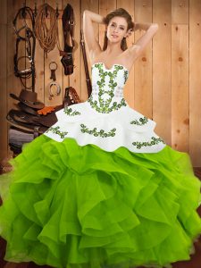 Sleeveless Floor Length Embroidery and Ruffles Lace Up 15 Quinceanera Dress with