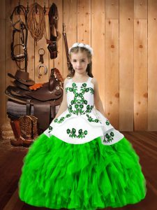 High End Organza Sleeveless Floor Length Child Pageant Dress and Embroidery and Ruffles
