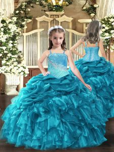 Fashionable Teal Lace Up Straps Embroidery and Ruffles Kids Pageant Dress Organza Sleeveless