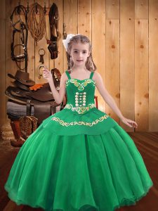 Custom Designed Turquoise Mermaid Organza Straps Sleeveless Embroidery and Ruffles Floor Length Lace Up Little Girls Pageant Dress