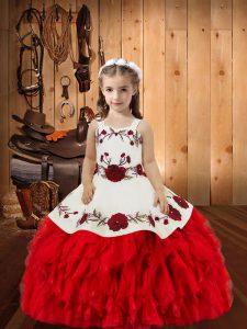 Red Straps Neckline Embroidery and Ruffles Little Girl Pageant Dress Sleeveless Lace Up
