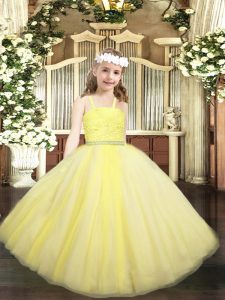 Yellow Ball Gowns Beading and Lace Girls Pageant Dresses Zipper Tulle Sleeveless Floor Length
