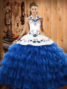 Super Blue Halter Top Neckline Embroidery and Ruffled Layers Quinceanera Dress Sleeveless Lace Up