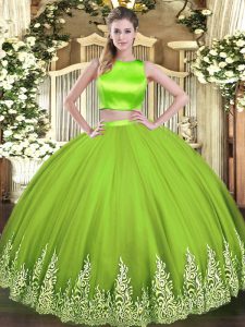Yellow Green Two Pieces Appliques Sweet 16 Dress Criss Cross Tulle Sleeveless Floor Length