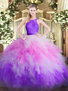 Modest Sleeveless Organza Floor Length Zipper Sweet 16 Dresses in Multi-color with Ruffles
