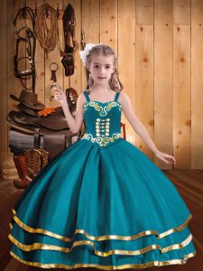 Floor Length Ball Gowns Sleeveless Teal Girls Pageant Dresses Lace Up