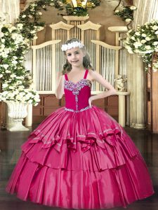 Amazing Organza Straps Sleeveless Lace Up Beading and Ruffled Layers Girls Pageant Dresses in Hot Pink
