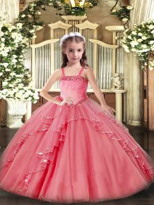 High Quality Sleeveless Organza Floor Length Lace Up Girls Pageant Dresses in Watermelon Red with Appliques and Ruffles