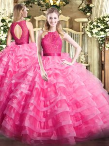 Hot Pink Organza Zipper Vestidos de Quinceanera Sleeveless Floor Length Ruffled Layers