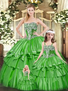 Floor Length Green Quinceanera Gown Organza Sleeveless Beading and Ruffled Layers