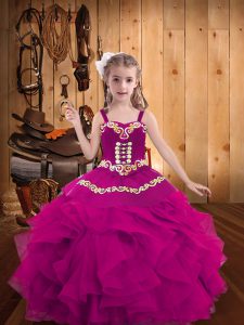 Sleeveless Organza Floor Length Lace Up Child Pageant Dress in Fuchsia with Embroidery and Ruffles