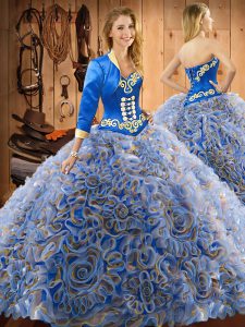 Custom Fit Multi-color Ball Gowns Sweetheart Sleeveless Satin and Fabric With Rolling Flowers With Train Sweep Train Lace Up Embroidery Sweet 16 Dresses