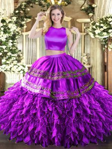 High-neck Sleeveless Quinceanera Gowns Floor Length Ruffles and Sequins Eggplant Purple Tulle