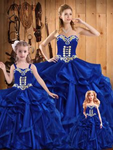 Royal Blue Lace Up 15 Quinceanera Dress Embroidery and Ruffles Sleeveless Floor Length
