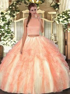 Discount Sleeveless Floor Length Beading and Ruffles Backless Quinceanera Dresses with Orange Red