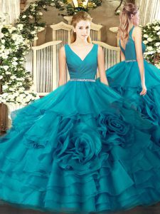 Beading 15 Quinceanera Dress Teal Zipper Sleeveless Floor Length