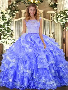 Enchanting Blue Scoop Clasp Handle Lace and Ruffled Layers Quinceanera Gowns Sleeveless