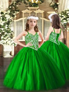 Floor Length Lace Up Little Girls Pageant Gowns Green for Party and Quinceanera with Beading