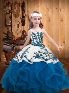 Floor Length Blue Little Girls Pageant Gowns Organza Sleeveless Embroidery and Ruffles