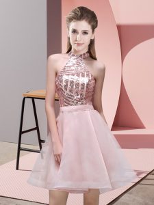 Mini Length Pink Quinceanera Dama Dress Chiffon Sleeveless Sequins