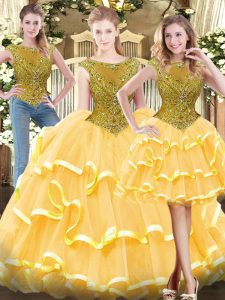 Beading and Ruffled Layers Quince Ball Gowns Gold Zipper Sleeveless Floor Length