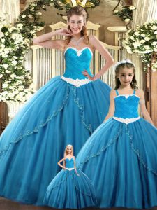 Teal Sweetheart Lace Up Ruching Quinceanera Gown Sleeveless