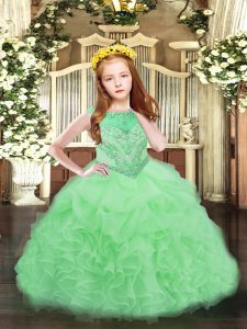 Sleeveless Floor Length Beading and Ruffles and Pick Ups Zipper Little Girls Pageant Gowns with Apple Green