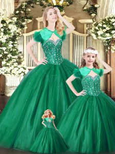 Tulle Sweetheart Sleeveless Lace Up Beading 15th Birthday Dress in Green