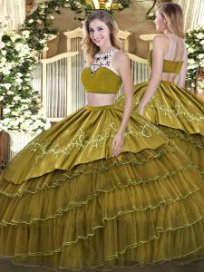 High-neck Sleeveless Tulle Vestidos de Quinceanera Beading and Embroidery and Ruffled Layers Backless