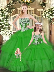 New Arrival Green Strapless Lace Up Beading and Ruffled Layers Sweet 16 Quinceanera Dress Sleeveless