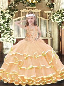 Amazing Peach Organza Lace Up Straps Sleeveless Floor Length Pageant Dress for Girls Beading and Ruffled Layers