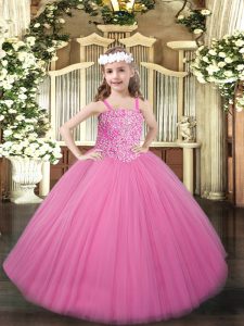 Amazing Floor Length Rose Pink Child Pageant Dress Straps Sleeveless Lace Up