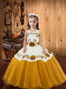 Pretty Embroidery Little Girls Pageant Dress Gold Lace Up Sleeveless Floor Length