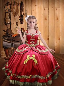 Custom Designed Floor Length Lace Up Child Pageant Dress Coral Red for Sweet 16 and Quinceanera with Embroidery