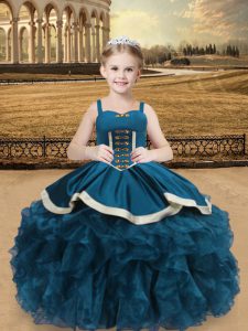 Gorgeous Straps Sleeveless Little Girls Pageant Gowns Floor Length Beading and Ruffles Teal Organza and Taffeta