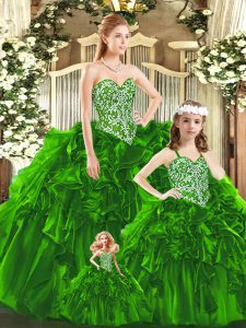 Best Selling Green Lace Up Sweetheart Beading and Ruffles Quinceanera Gown Organza Sleeveless