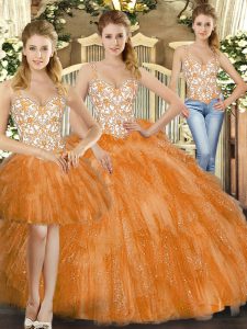 Flirting Orange Red Three Pieces Straps Sleeveless Organza Floor Length Lace Up Beading and Ruffles 15th Birthday Dress